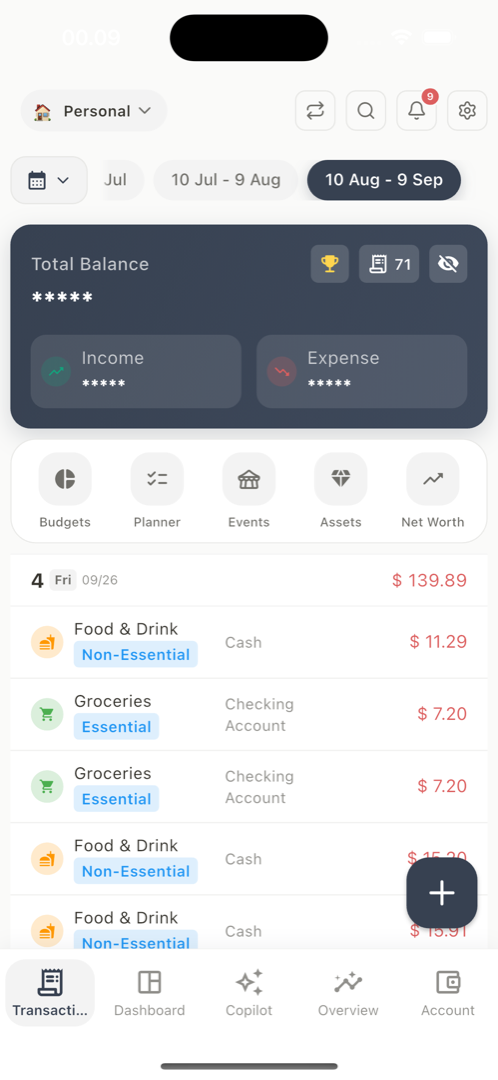 The transactions screen: total balance, income and expense for the cycle, and the day-by-day list
