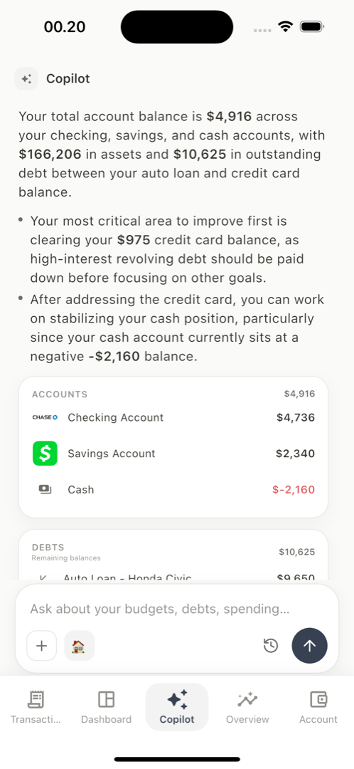 The AI copilot answering a question about accounts, assets and debts